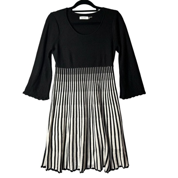 Calvin Klein Dress L Black White Round Neck Textured Crochet Sweater‎ Dress - Picture 1 of 11